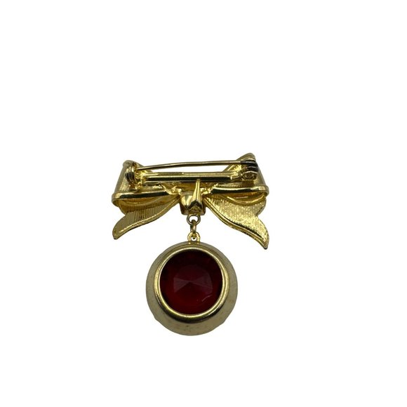 Vintage Gold Tone Bow Brooch with Red Crystal Dangle - Picture 3 of 4
